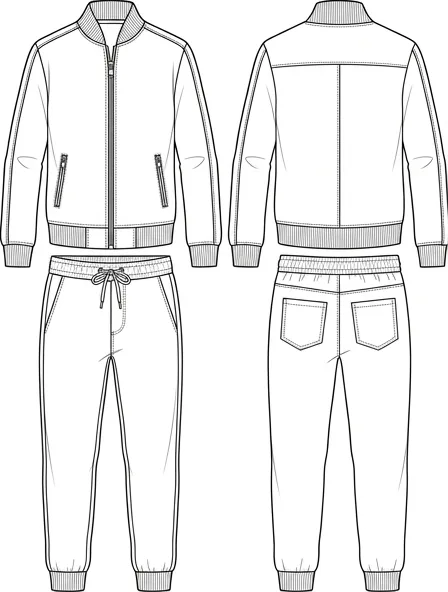 Tracksuit flat technical drawing, front and back
