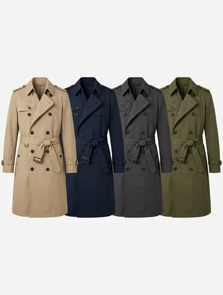 Trench coat in four colorways, side by side