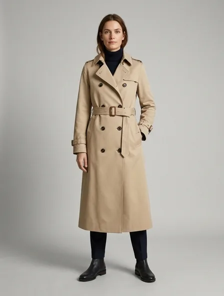 Trench coat design concept, rendered in a studio