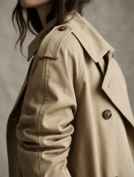 Trench coat fabric close-up showing drape and texture