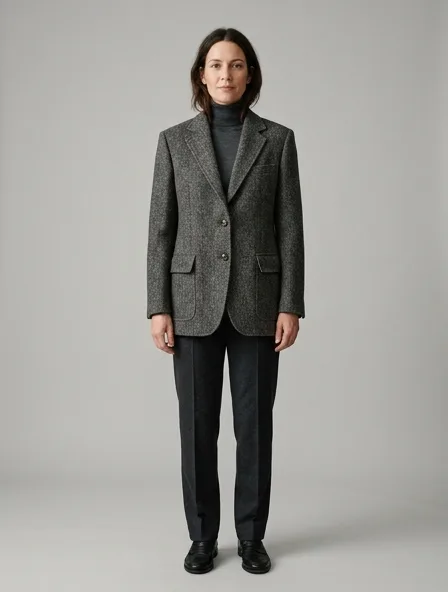 Blazer in wool tweed, on a model in a studio