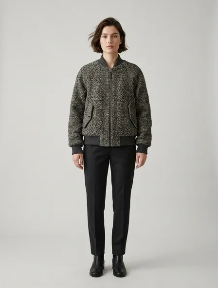 Bomber jacket in bouclé tweed, on a model in a studio