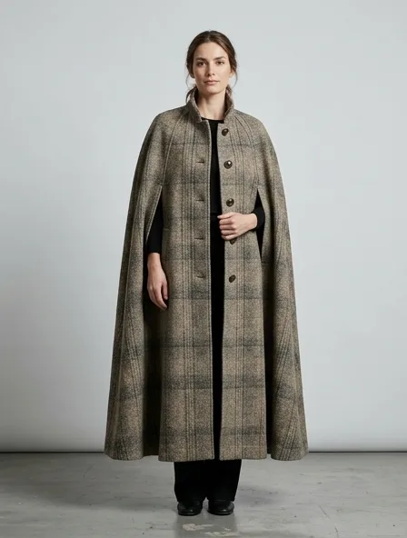 Cape in wool tweed, on a model in a studio