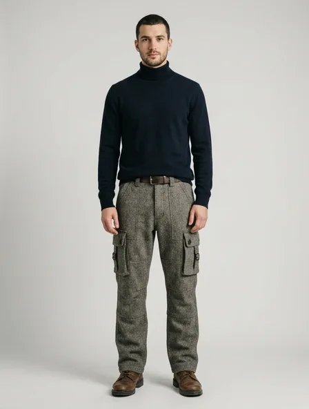 Cargo pants in wool tweed, on a model in a studio