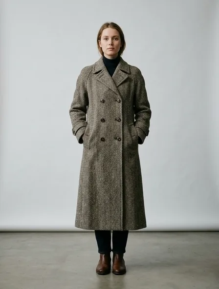 Coat in wool tweed, on a model in a studio