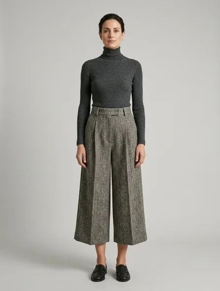 Culottes in wool tweed, on a model in a studio