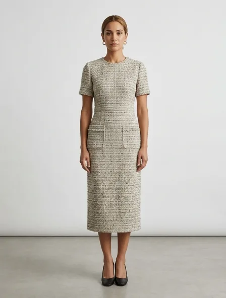 Dress in bouclé tweed, on a model in a studio