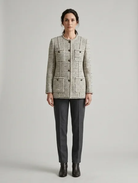Jacket in bouclé tweed, on a model in a studio