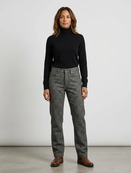 Jeans in wool tweed, on a model in a studio