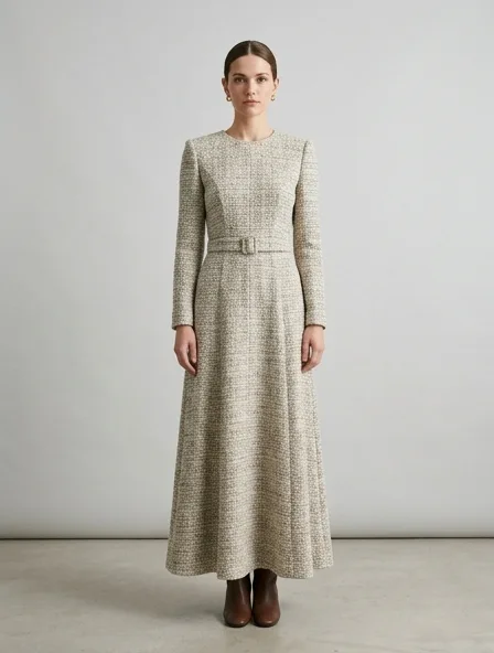 Maxi dress in bouclé tweed, on a model in a studio