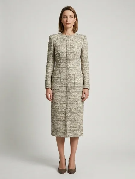 Midi dress in bouclé tweed, on a model in a studio