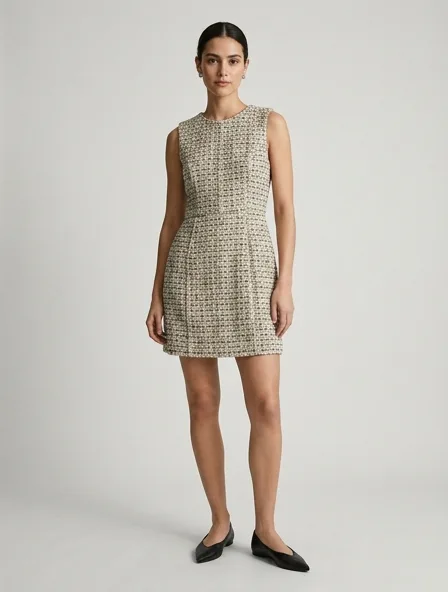 Mini dress in bouclé tweed, on a model in a studio