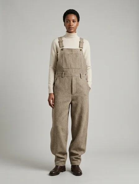 Overalls in wool tweed, on a model in a studio