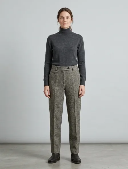 Pants in wool tweed, on a model in a studio