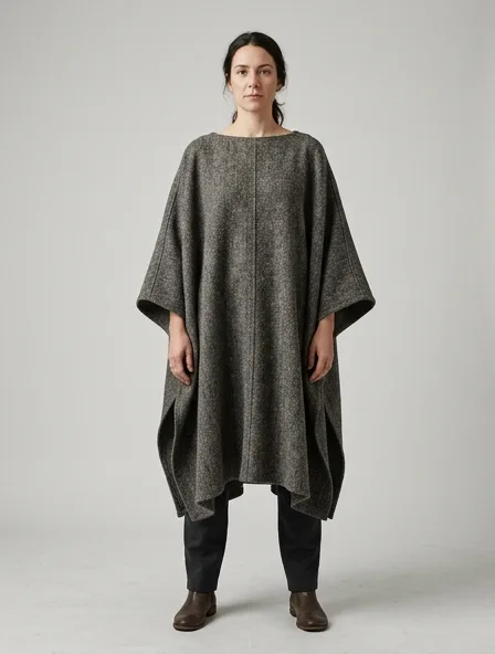 Poncho in wool tweed, on a model in a studio