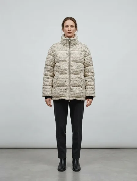 Puffer jacket in bouclé tweed, on a model in a studio