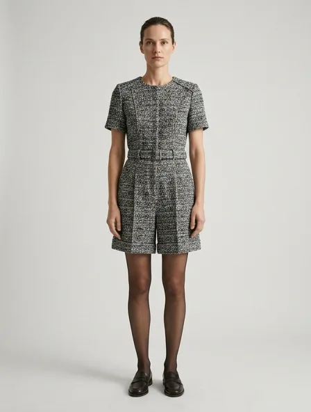 Romper in bouclé tweed, on a model in a studio