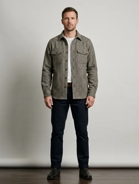 Shirt in wool tweed, on a model in a studio
