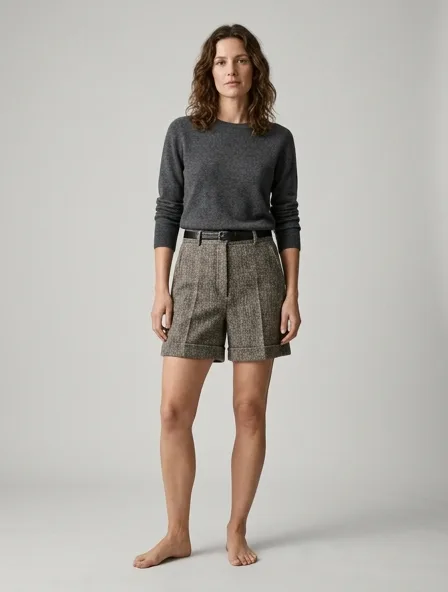 Shorts in wool tweed, on a model in a studio