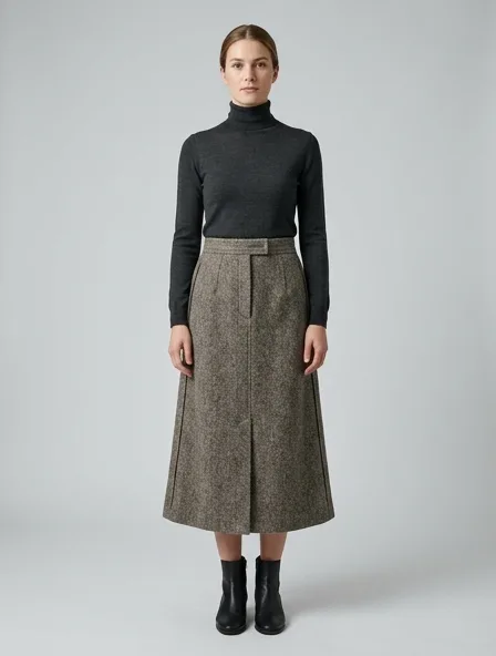 Skirt in wool tweed, on a model in a studio