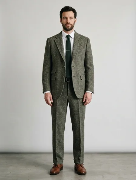 Suit in wool tweed, on a model in a studio
