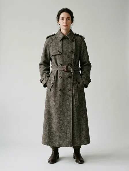 Trench coat in wool tweed, on a model in a studio