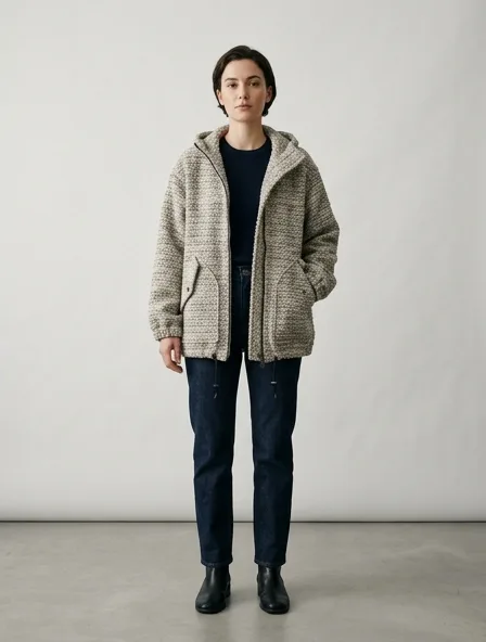 Windbreaker in bouclé tweed, on a model in a studio