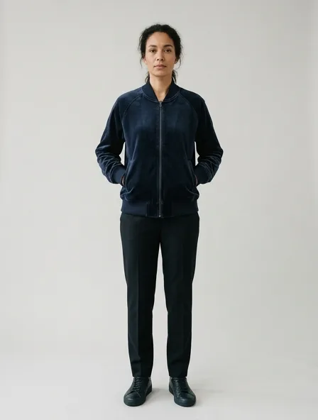 Bomber jacket in cotton velvet, on a model in a studio