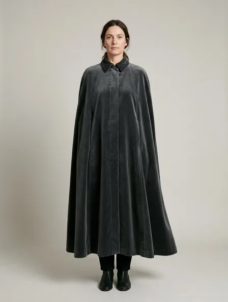 Cape in cotton velvet, on a model in a studio