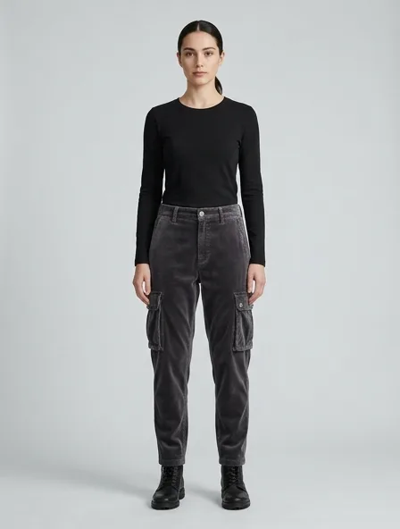 Cargo pants in cotton velvet, on a model in a studio