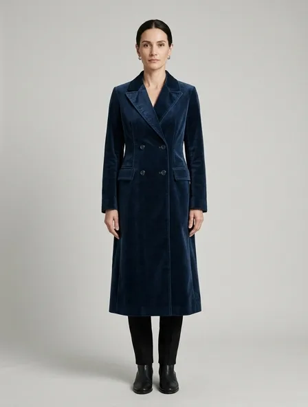Coat in cotton velvet, on a model in a studio