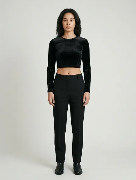 Crop top in stretch velvet, on a model in a studio