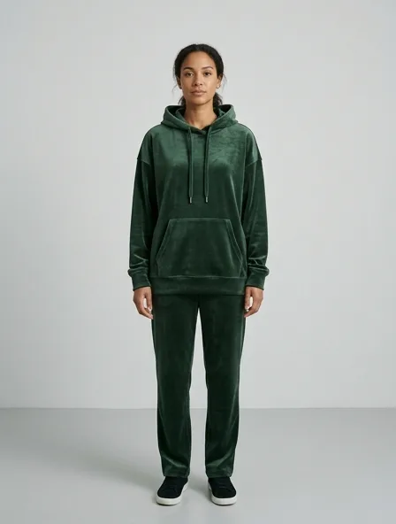 Hoodie in velour, on a model in a studio