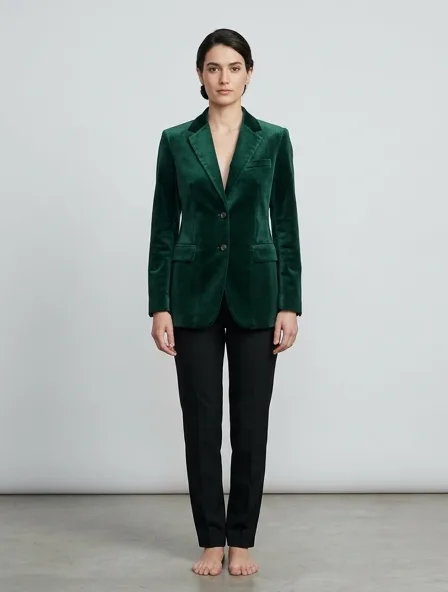 Jacket in cotton velvet, on a model in a studio