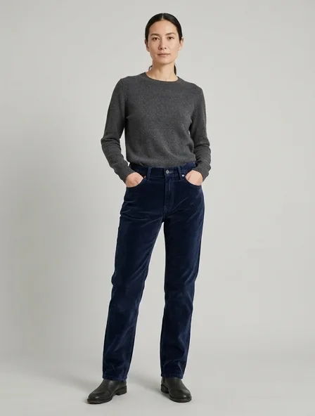 Jeans in cotton velvet, on a model in a studio
