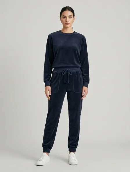 Joggers in velour, on a model in a studio