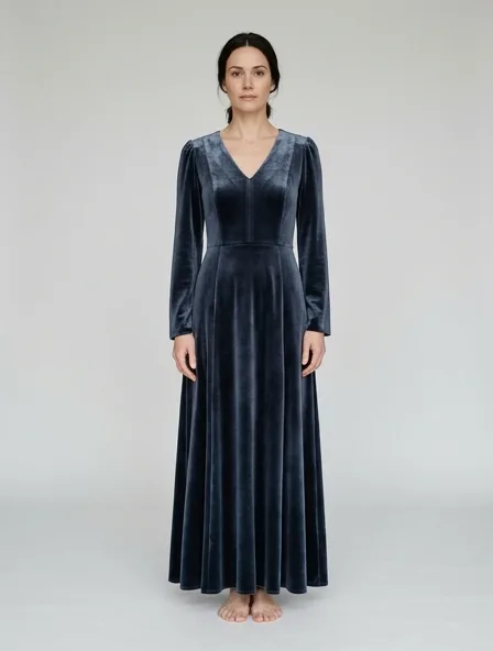 Maxi dress in silk and viscose velvet, on a model in a studio