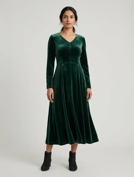 Midi dress in silk and viscose velvet, on a model in a studio