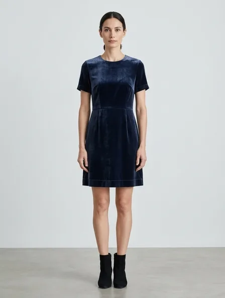 Mini dress in silk and viscose velvet, on a model in a studio