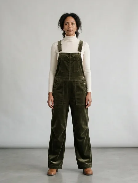 Overalls in cotton velvet, on a model in a studio