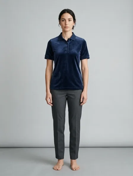 Polo shirt in stretch velvet, on a model in a studio
