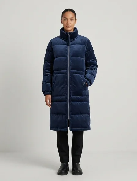 Puffer jacket in cotton velvet, on a model in a studio