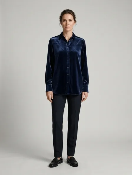 Shirt in silk and viscose velvet, on a model in a studio
