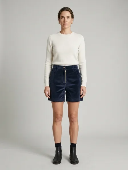 Shorts in cotton velvet, on a model in a studio