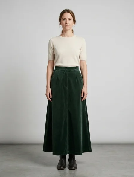 Skirt in cotton velvet, on a model in a studio