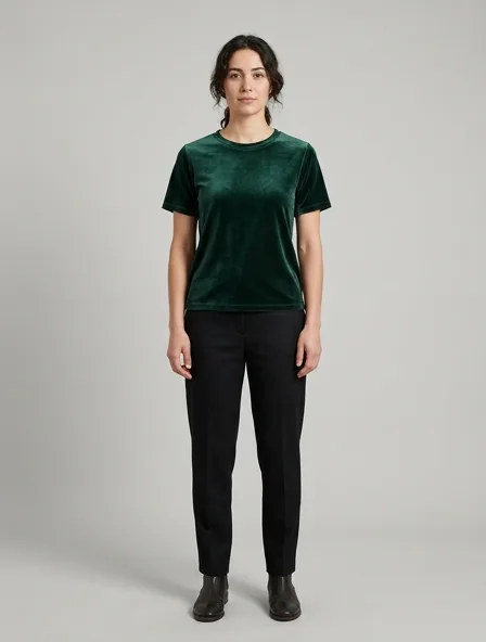 T-shirt in stretch velvet, on a model in a studio