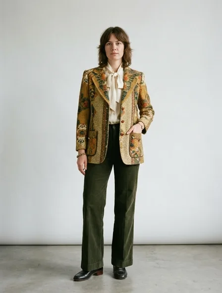 Vintage blazer on a model: retro prints, classic silhouettes, nostalgic details
