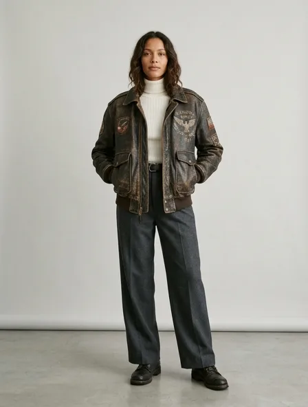 Vintage bomber jacket on a model: retro prints, classic silhouettes, nostalgic details