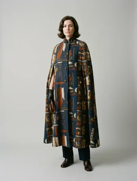 Vintage cape on a model: retro prints, classic silhouettes, nostalgic details