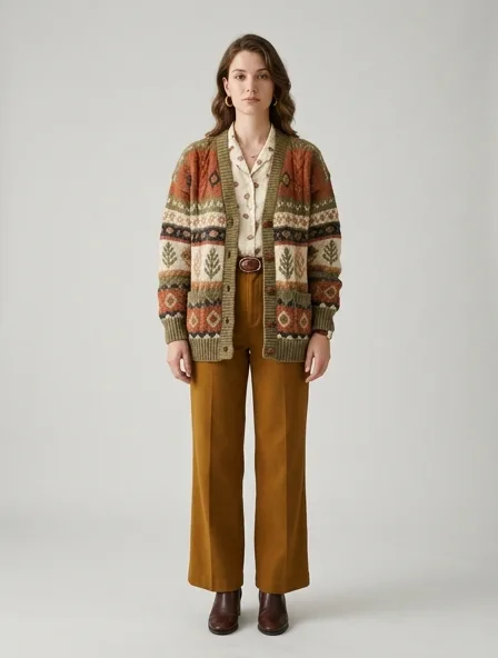 Vintage cardigan on a model: retro prints, classic silhouettes, nostalgic details